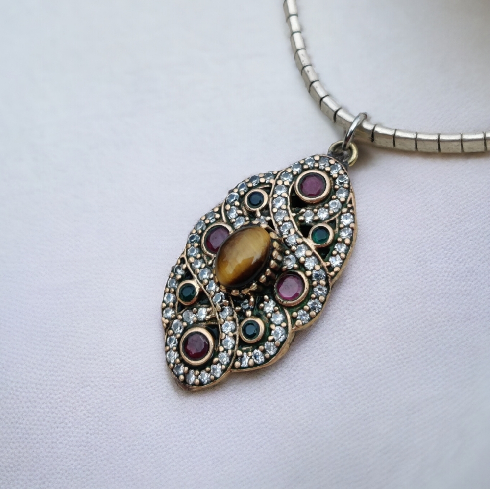Vintage sterling ruby, green emerald and tigers eye pendant